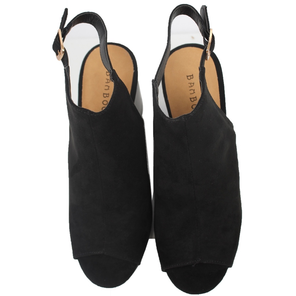 Black Peep Toe Slingback Block Stacked Heel - Picture 4 of 6